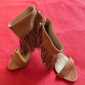 RACHEL ZOE Sz 9 Suede Bootie Sandals w/ Fringe Golden Accents Zipper  Tassels